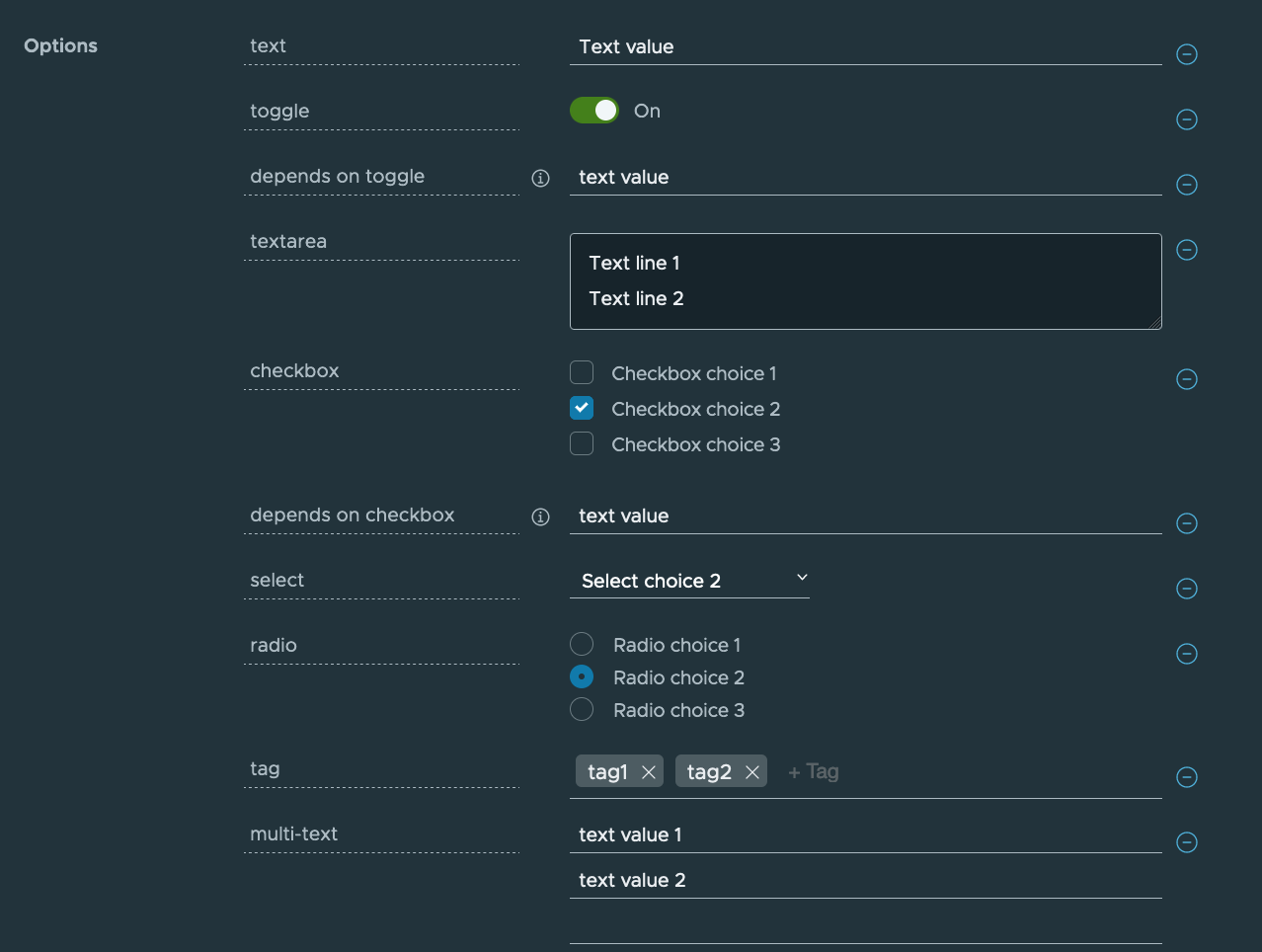 A screenshot of option inputs for sample accelerator demo-input-types.