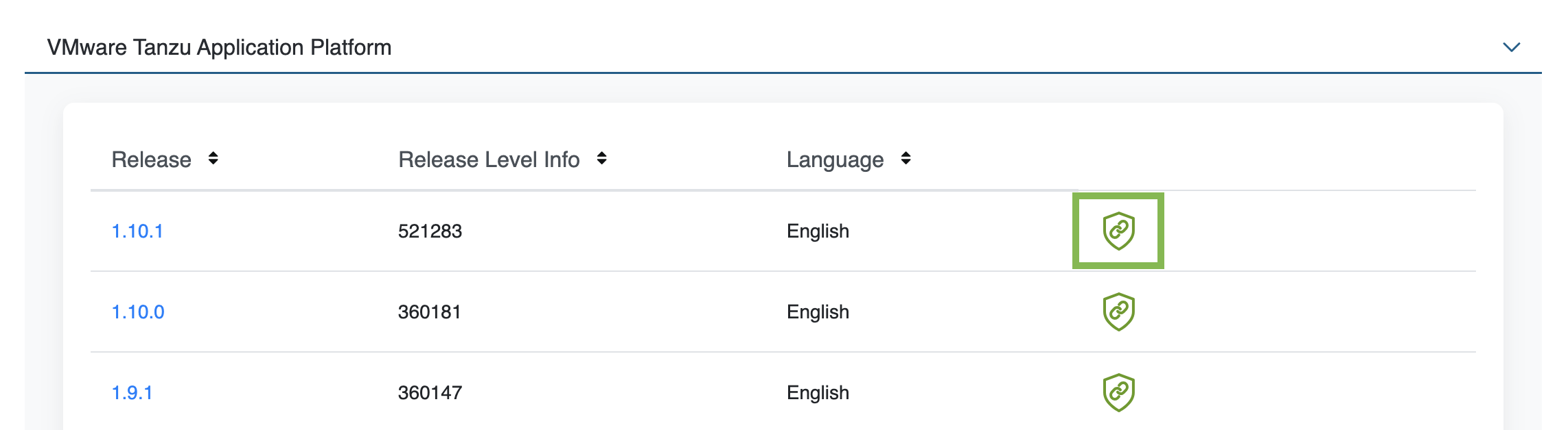 The Tanzu Application Platform download page in the Broadcom Support Portal with the Token Download icon highlighted.