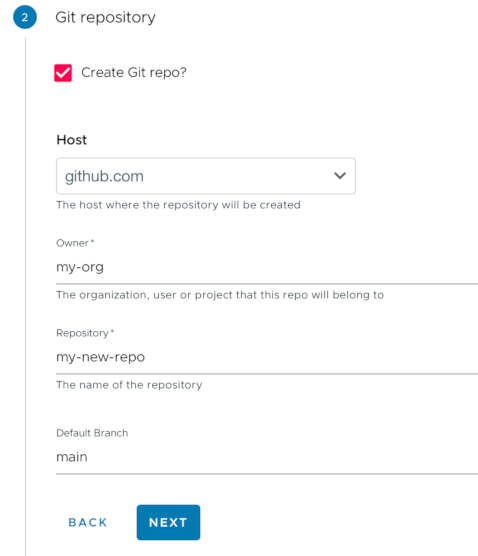 Screenshot of the git repository creation form in Tanzu Developer Portal.