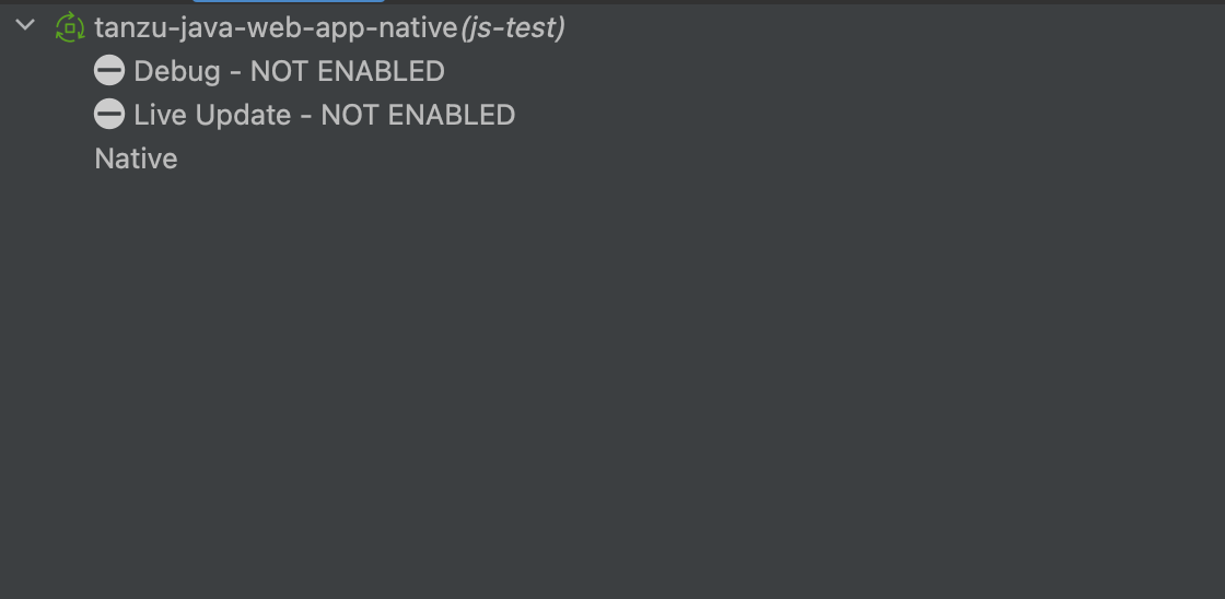 Tanzu Workloads panel showing a workload that uses a native image.