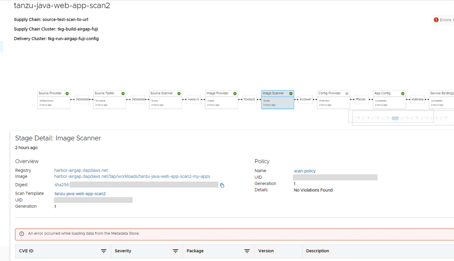 Screenshot of Tanzu Developer Portal displaying the error message about loading data from the metadata store.