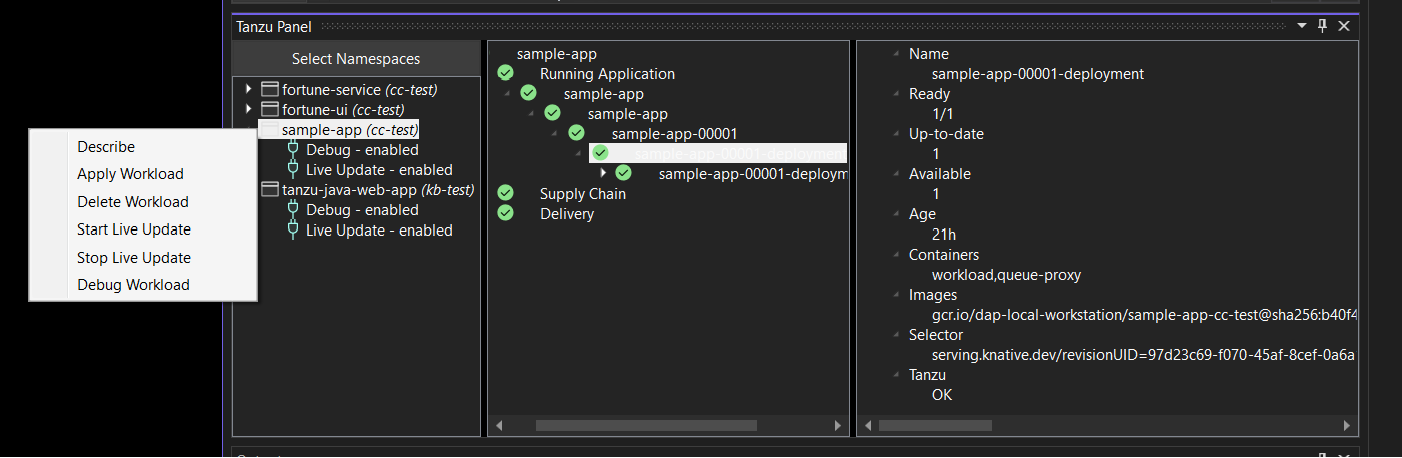 Tanzu Workloads panel with the context menu open on the selected sample app.