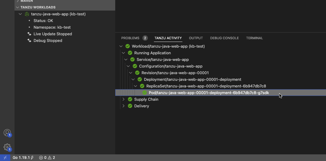 VS Code Tanzu Workloads Panel showing the Terminal log.