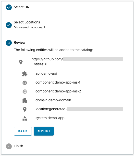 Screenshot of the stage for reviewing the entities to be added to the catalog.