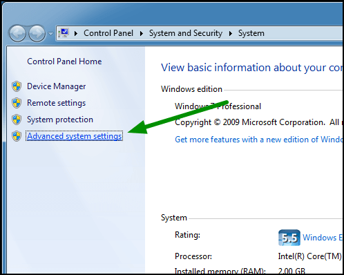 An arrow points to'Advanced system settings', which is the last item in the Control Panel Home.