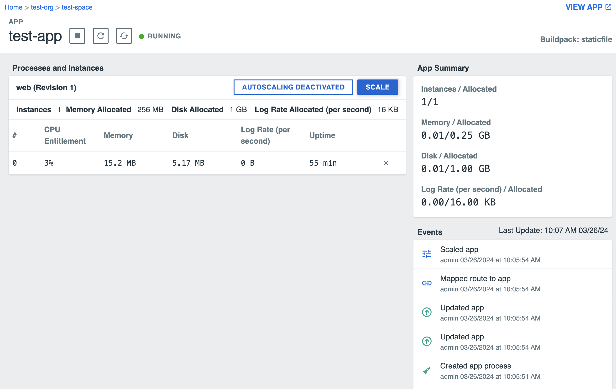 The Processes and Instances section contains memory statistics. There are two buttons: Enable Autoscaling and Scale.