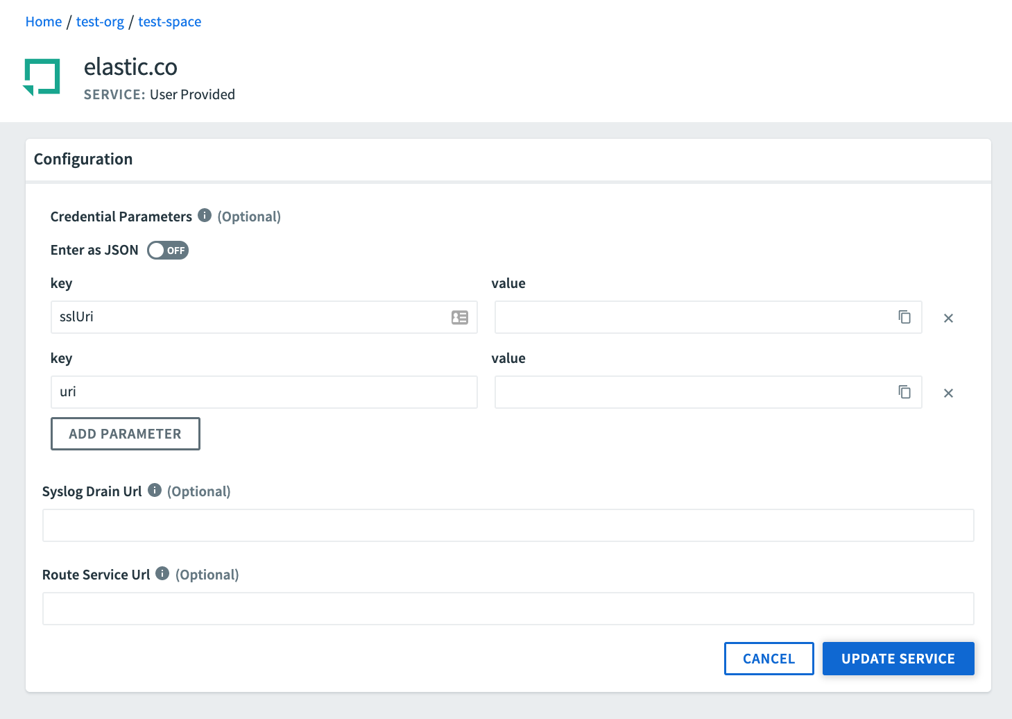 Service Configuration page for user-provided service instance.