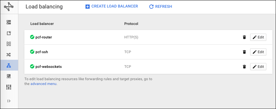 The load balancer table shows three Load Balancers: pcf-router HTTPS, pcf-ssh TCP, and pcf-websockets TCP.