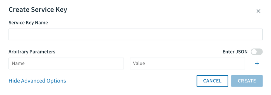 Create Service key pane, with Arbitrary Parameters fields and Create button.