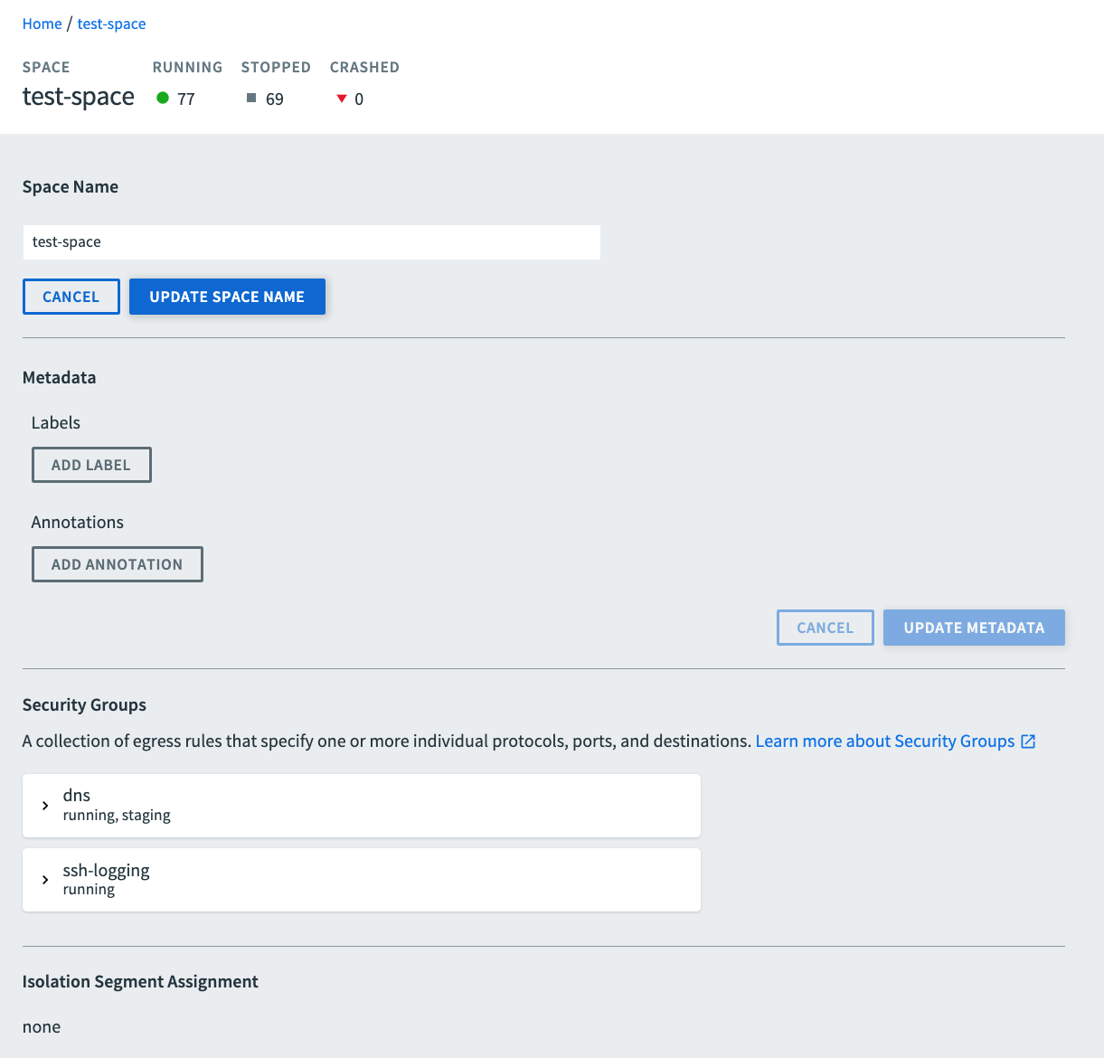 Example service instance Overview page.