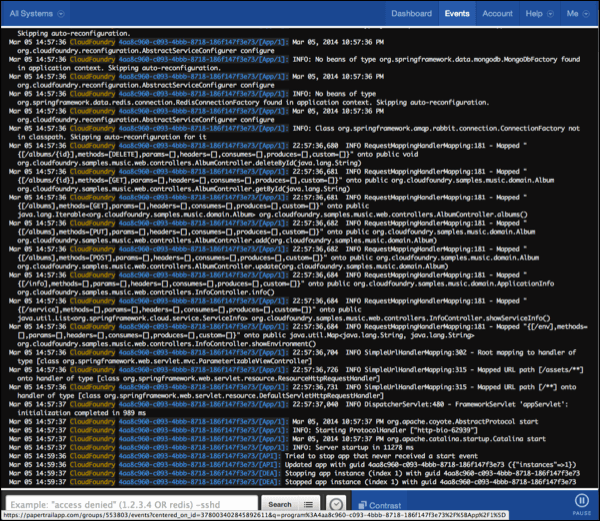 Log viewer showing many log messages.