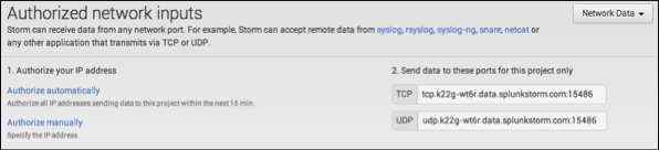 The Authorized network inputs pane shows the ports that data is sent to for this project only.