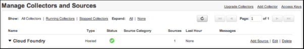 The Manage Collectors and Sources table, you can filter the Collectors shown: All Collectors, Running Collectors, and Stopped Collectors.