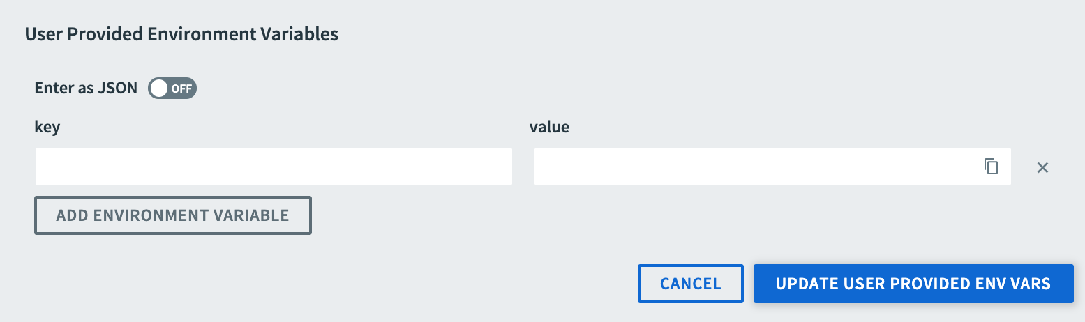 User Provided Environment Variables screen. No variables are shown.