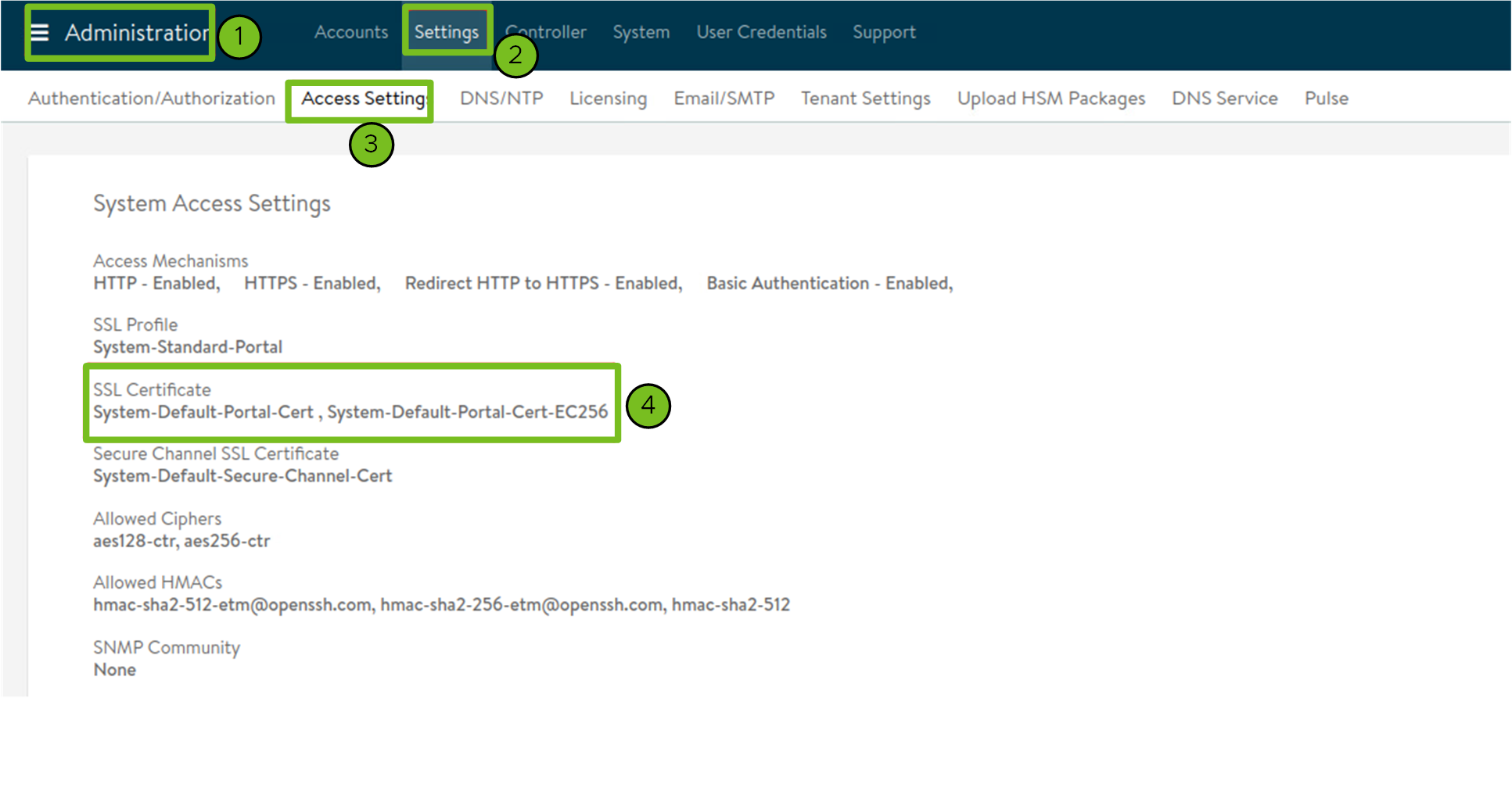 Avi Admin > System Access Settings > SSL Certificate: System-Default-Portal-Cert, System-Default-Portal-Cert-EC256