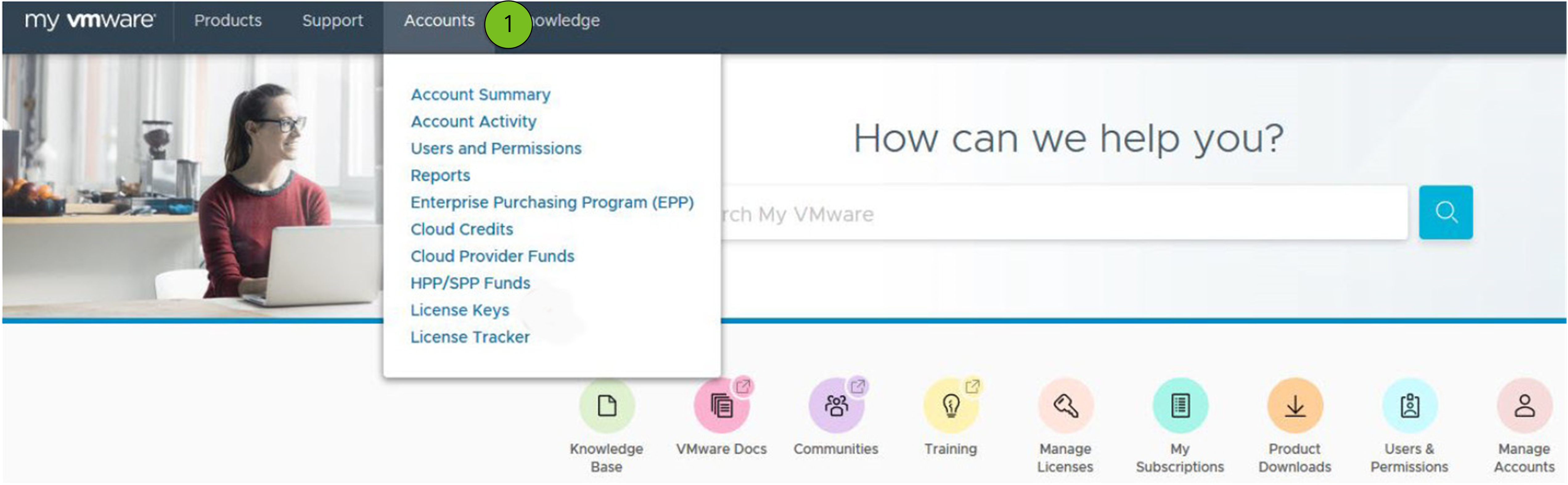 Website: Menu path to Manage License on customerconnect.vmware.com