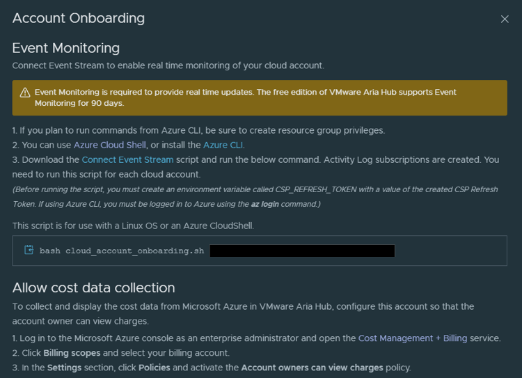 The Account Onboarding page provides the Azure configurations so that you can run the Connect Event Stream script.