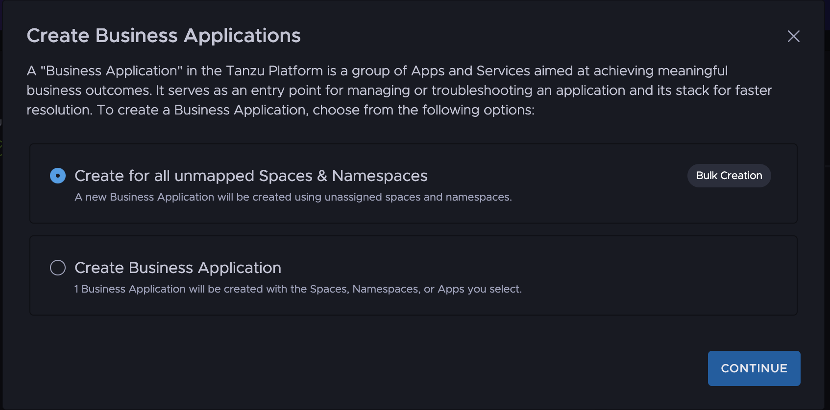 Screenshot of Create Business Application in the hub UI. The Create for all unmapped Spaces and Namespaces radio button is selected.