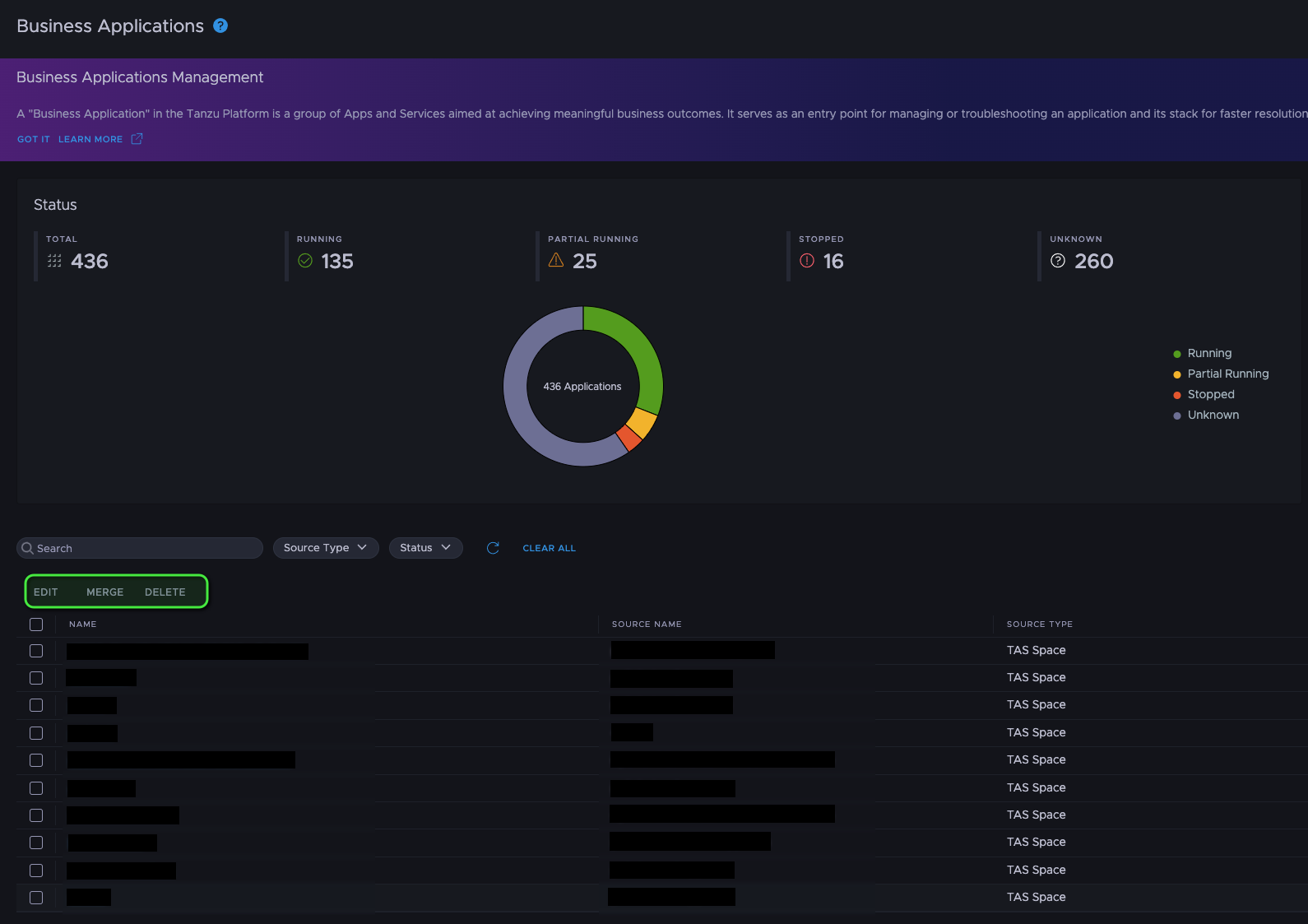 Screenshot of the business applications management view in the hub UI.