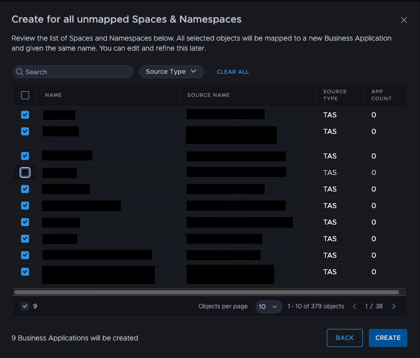 Screenshot of the Create for all unmapped Spaces and Namespaces view in the hub UI with multiple Spaces and Namespaces selected.