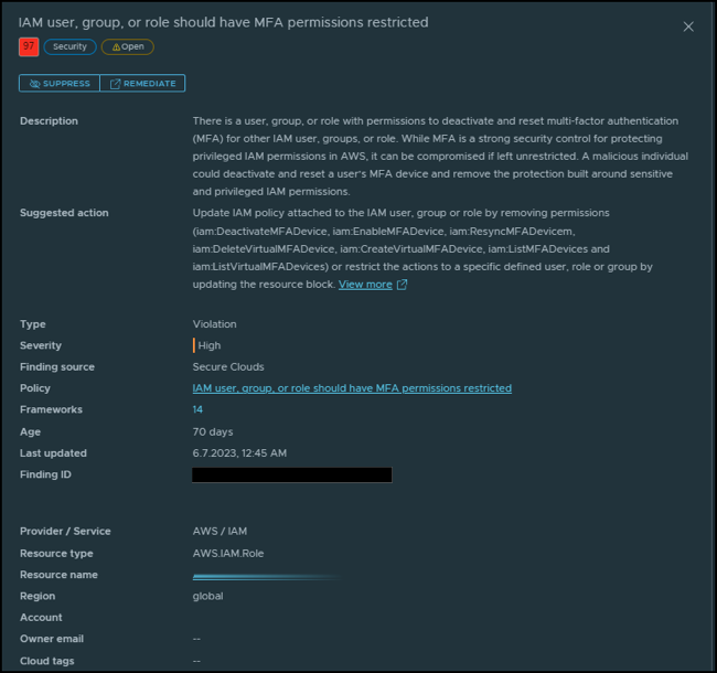 The finding details describe the finding and the action to take, with a link to the remediation article that describes the steps to follow to resolve the finding.