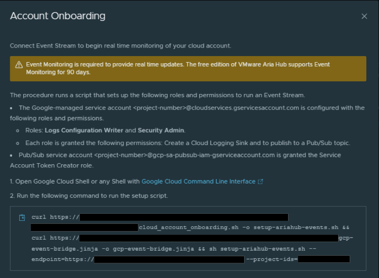 The Account Onboarding section provides the setup script to create the roles and permissions that connect the Event Stream.