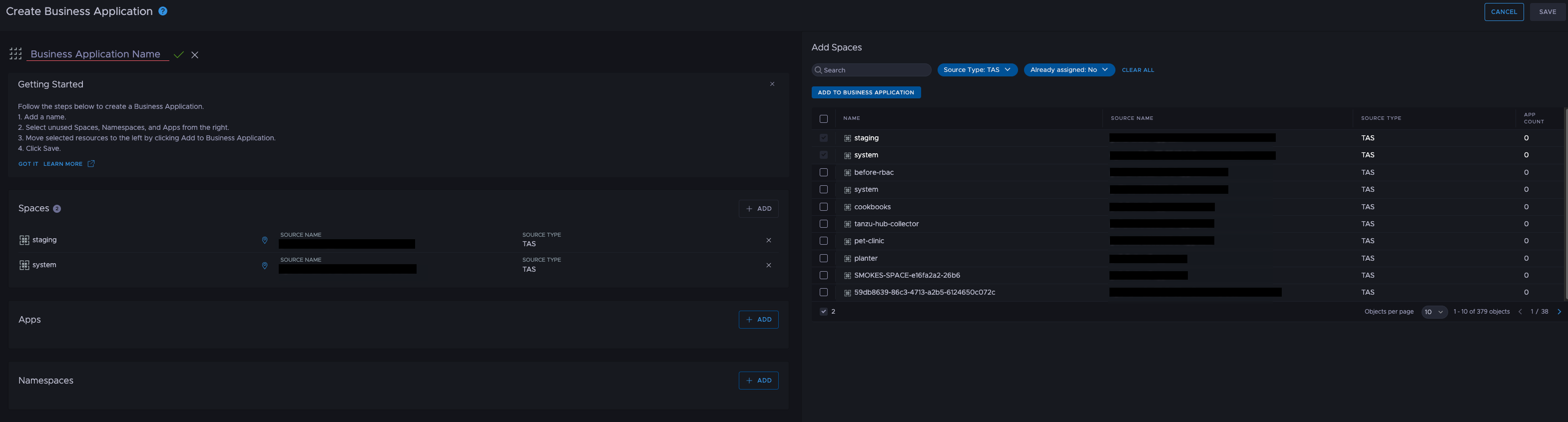 Screenshot of the Create Business Application view in the hub UI.