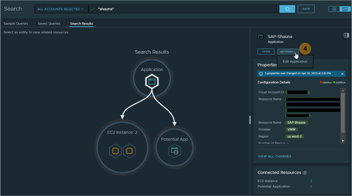 The search results with the SAP-Shauna application in the details pane. The Actions menu show Edit Application as an option.