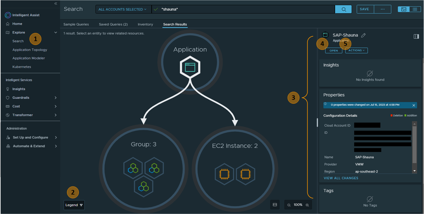 The search results topology view with the main navigation and information options called out.