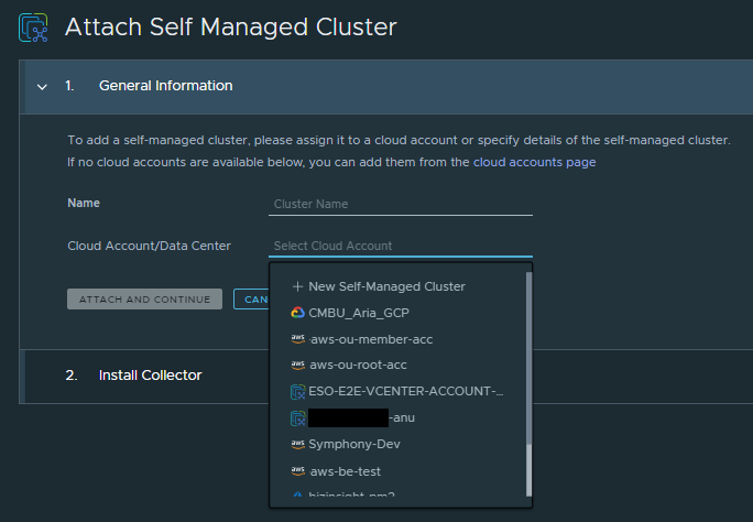 Select an account or select New Self-Managed Cluster.