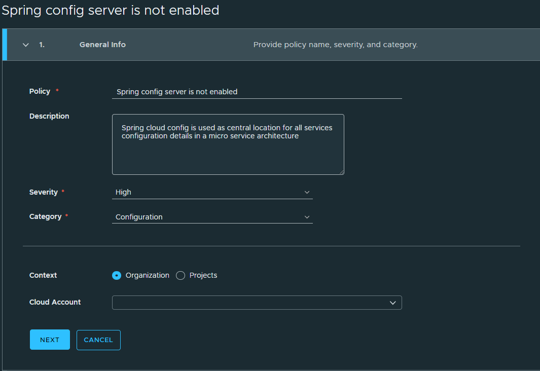 The first step of the new Spring policy workflow prompts users to enter a policy name, description, severity, and category.