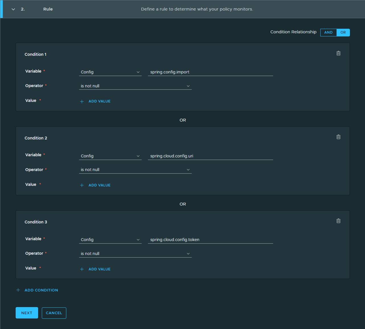 The second step of the new Spring policy workflow prompts users to enter criteria that define what variables the policy should monitor.