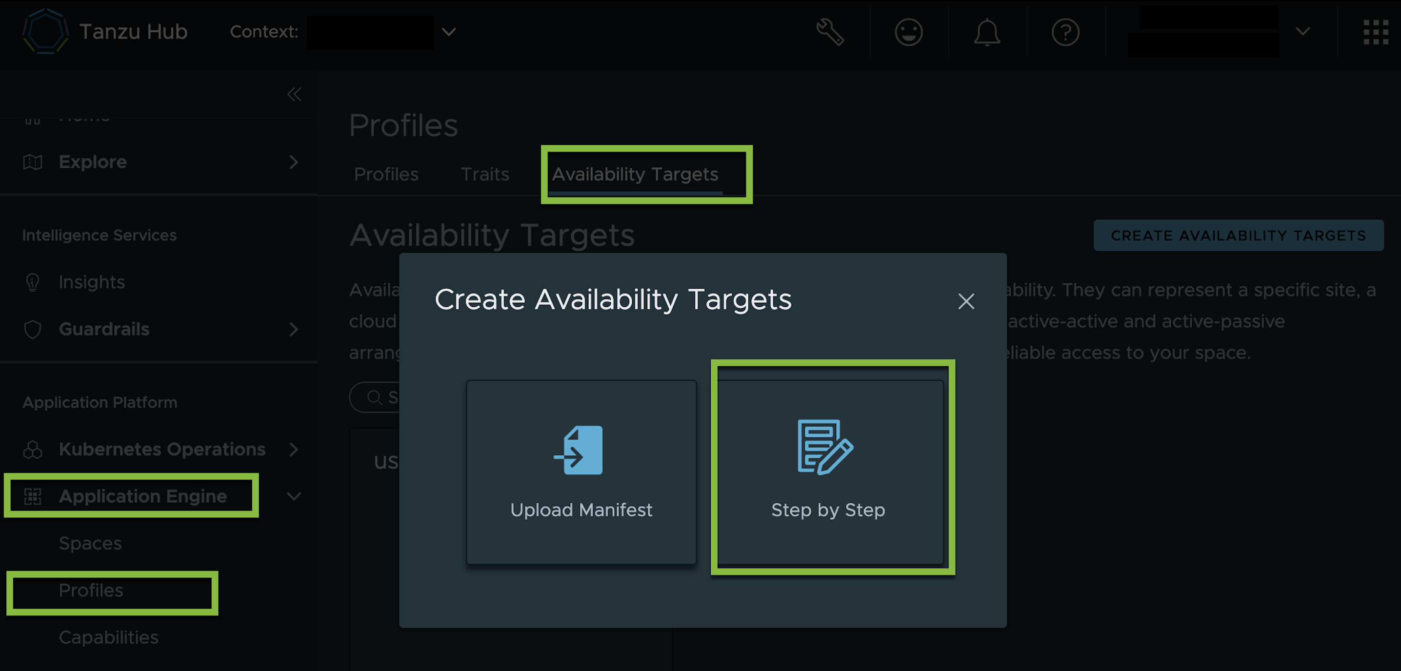 Create Availability Target steps.