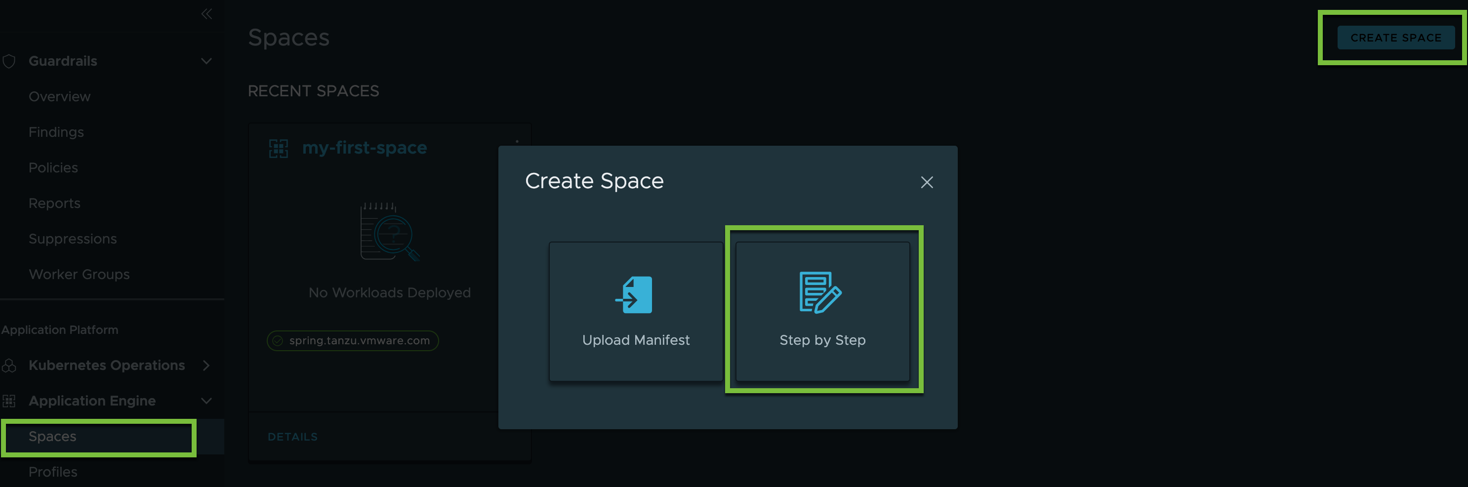 Screenshot of the create space dialog box with the step by step option highlighted.