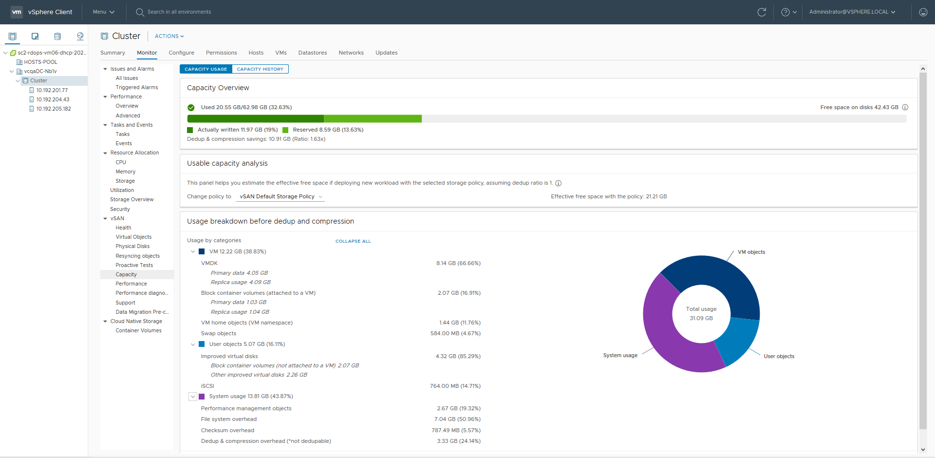 Capacity overview showing deduplication and compression