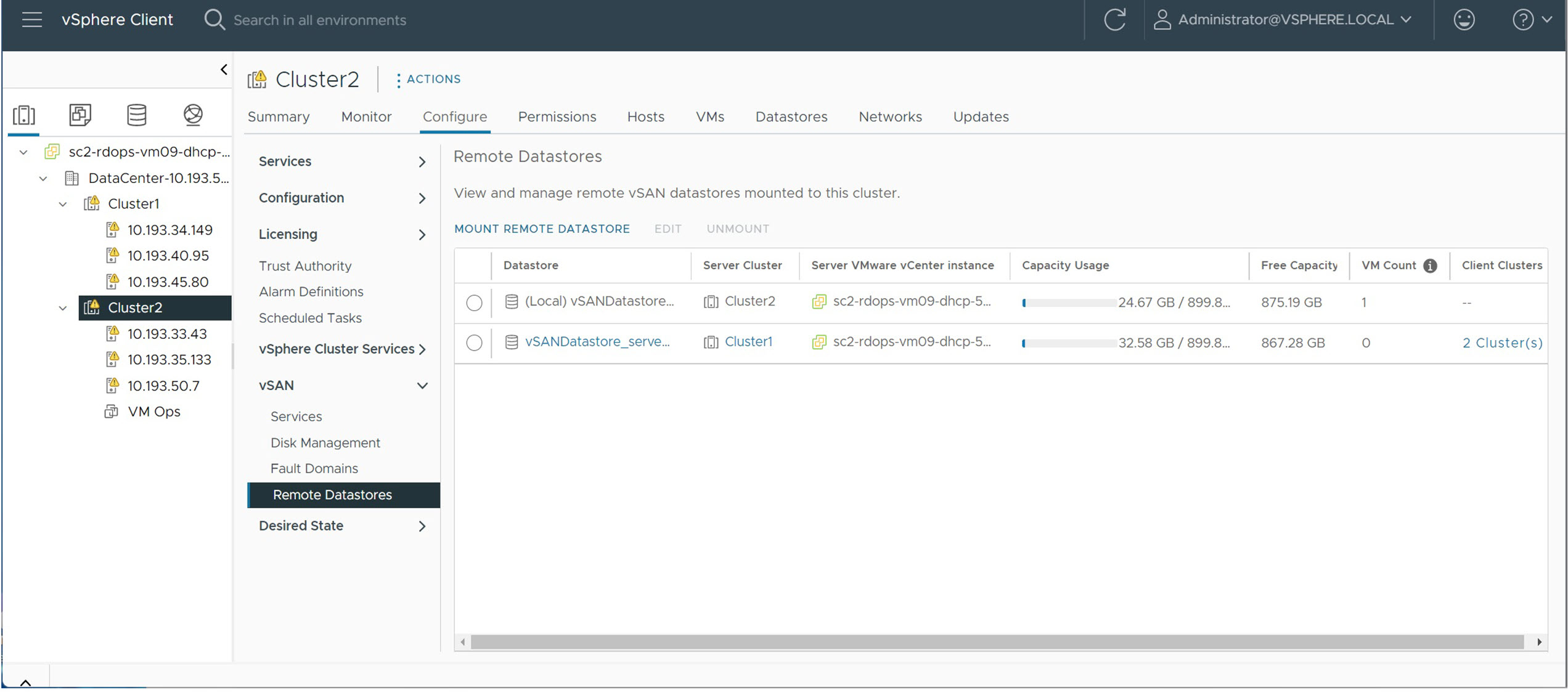 vSAN cluster Remote Datastores page