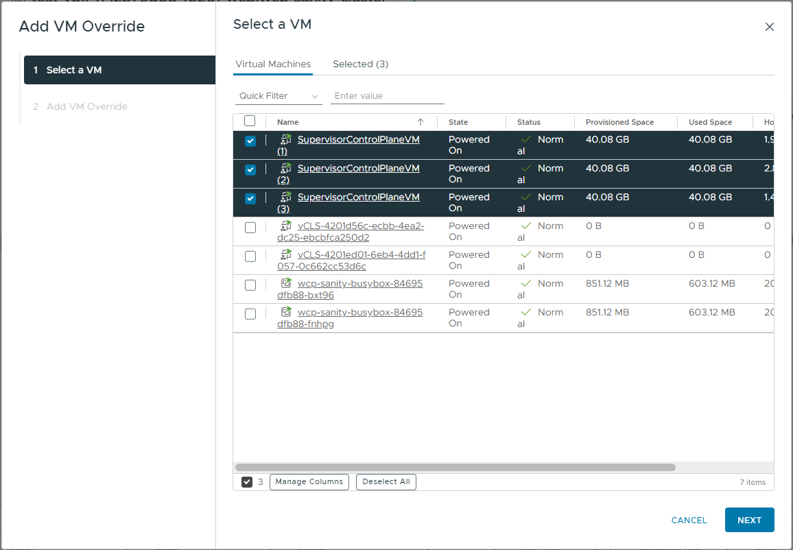 Settings VM overrides to Supervisor control plane VMs