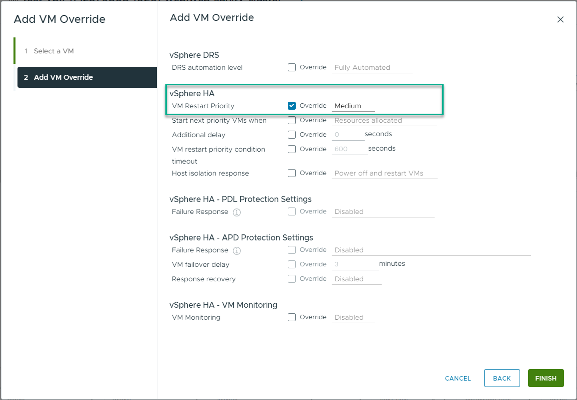 Selecting restart prioroty for VMs