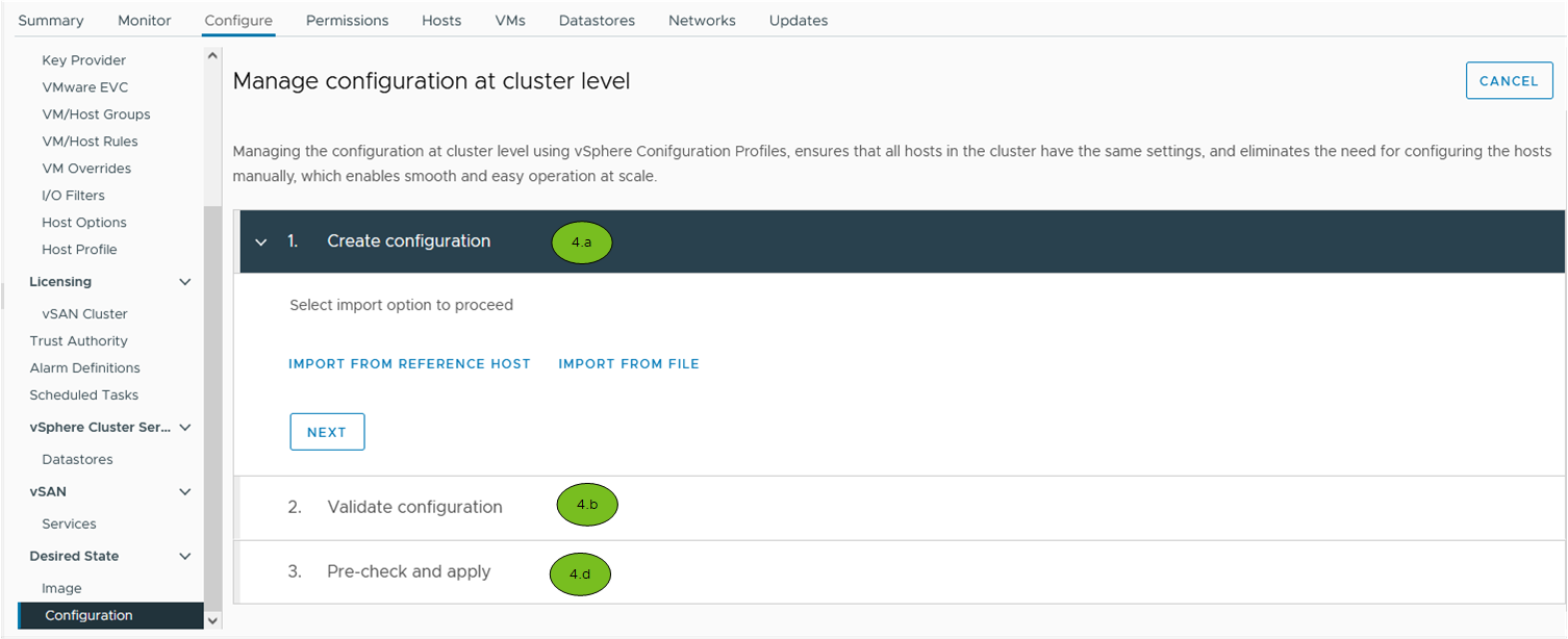 Follow the Manage configuration at cluster level workflow prompts to transition a cluster that you manage with a single image to using vSphere Configuration Profiles.