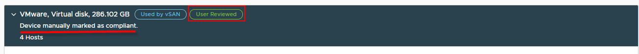 When a disk is marked as compliant, a User Reviewed label appears and a text that device is marked as compliant is displayed.