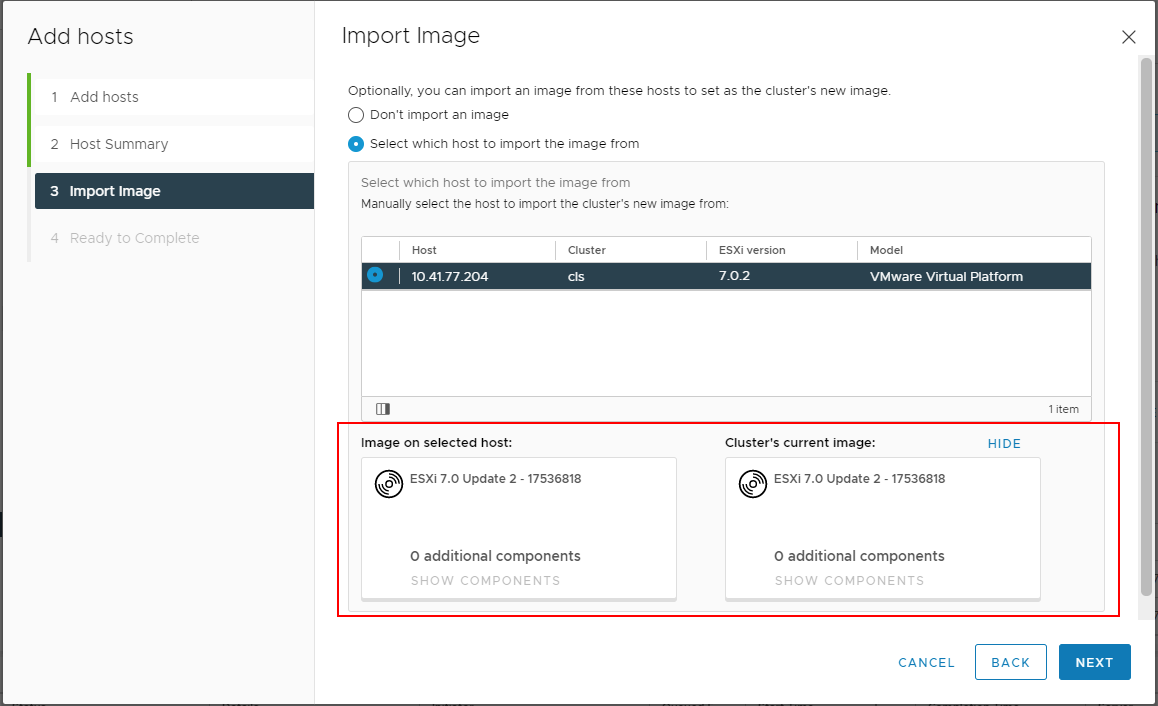 you can compare the current cluster image with the image on the selected reference host to ensure the correct reference host has been selected