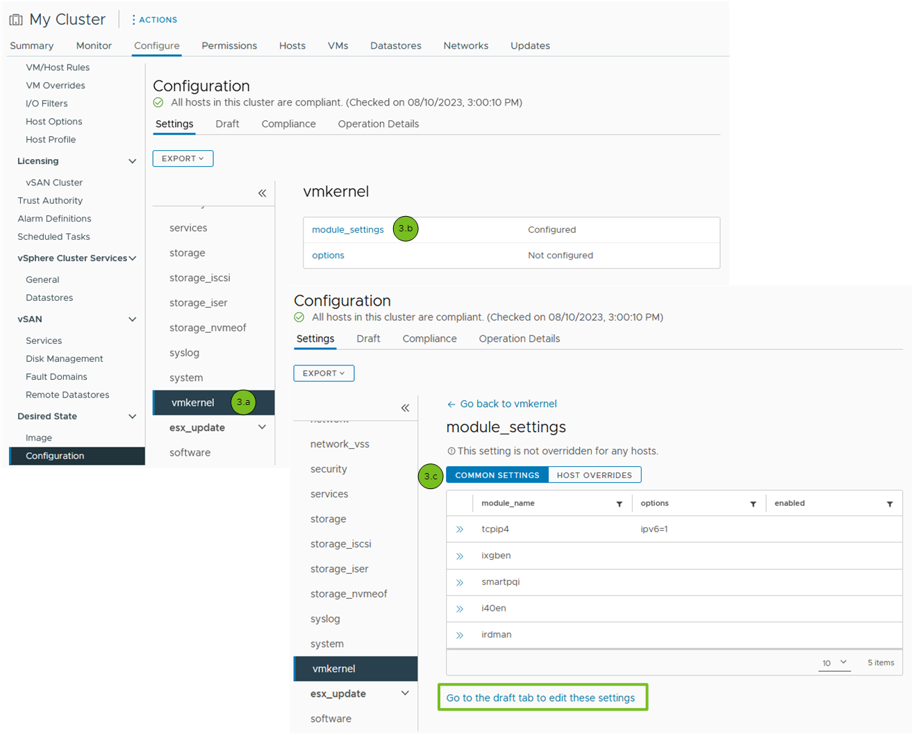 A screenshot showing how to view the configuration for different host settings