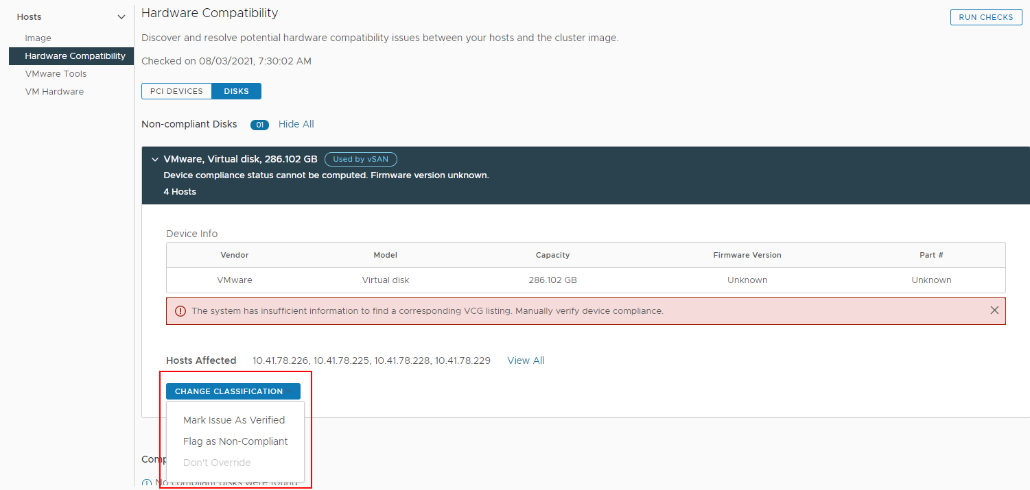 Change the compliance status of a disk device by selecting an option from the drop-down menu.