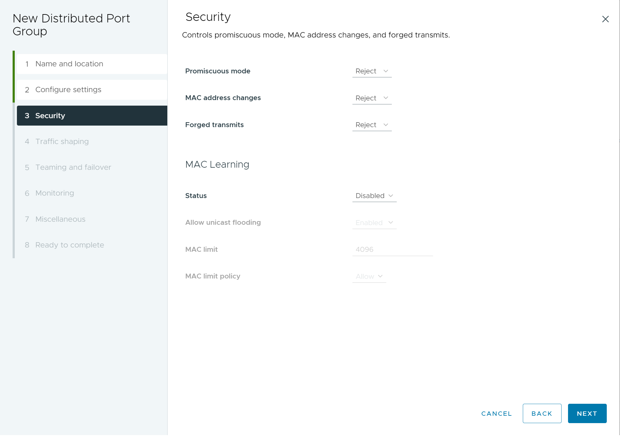 Security polices and MAC learning policy