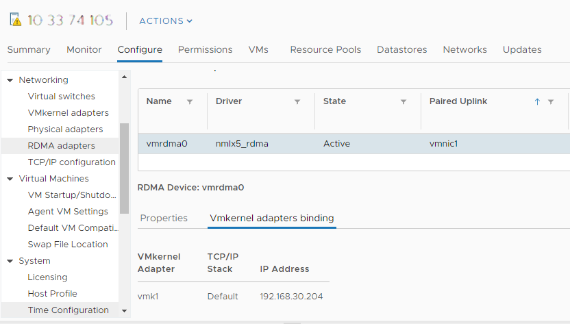 RDMA adapter is paired to the network adapter and is connected to the VMkernel adapter.