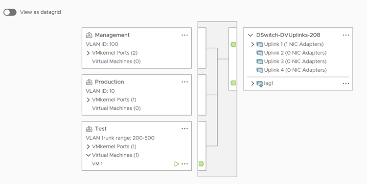 Topology diagram of a distributed switch that handles VMkernel and virtual machine networking