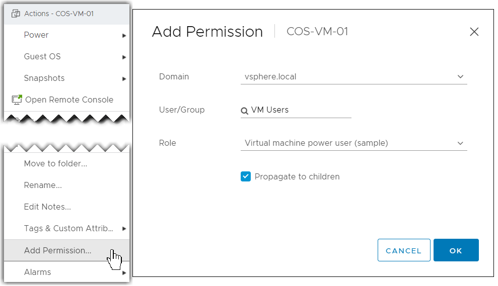 Right-click a virtual machine and select Add Permissions to vie the Add Permissions dialog box.