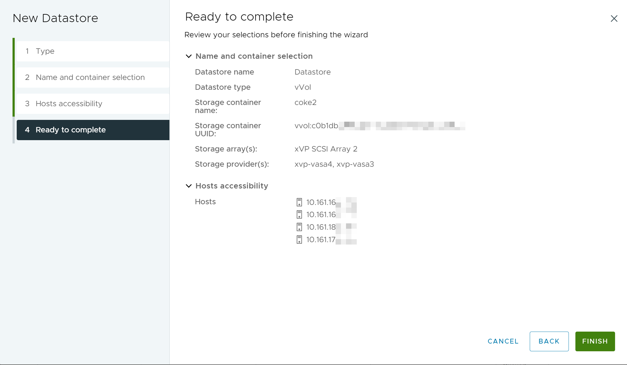 The screenshot shows configuration for the Virtual Volumes datastore you are creating.