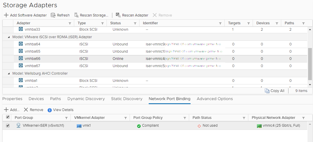 The screenshot shows the Network Port Binding panel. The panel lists the VMkernel adapter vmk1 connected to the iSER adapter vmhba66.