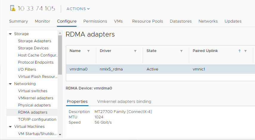 The RDMA adapter appears on the list as vmrdma0. The Paired Uplink column displays the network component as vmnic1.